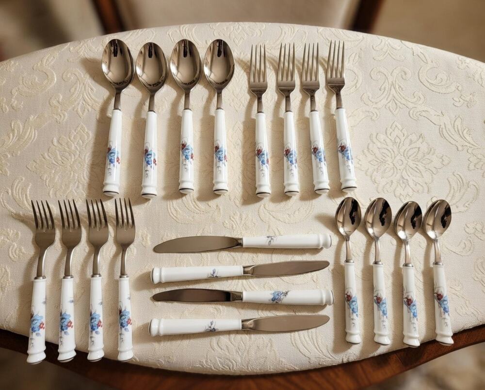 Vintage Noritake Bleufleur Flatware Set - 20pc Stainless Porcelain Japan Floral